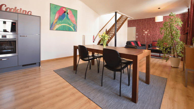 Spacious living room in a city center two persons apartment in Bruges with a dining table, seating area, roof terrace and air conditioning.