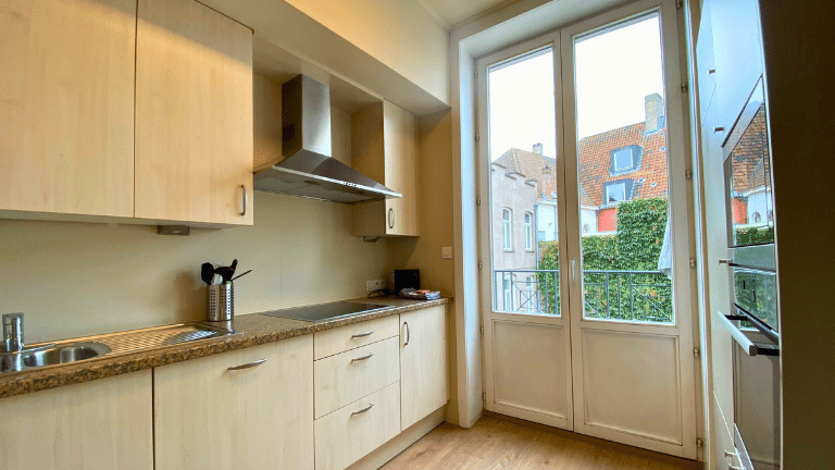 Fully equipped kitchen in a city center six persons apartment in Bruges with an espresso machine, oven, microwave, dishwasher, fridge, and freezer.